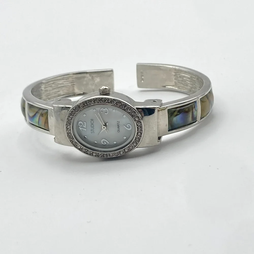 Studio Time Women's Watch 20mm Abalone Silver Tone MOP Crystals Cuff New Battery